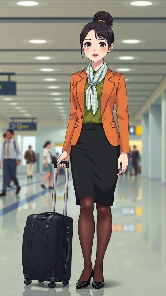 Poised East Asian Flight Attendant in Elegant Studio Ghibli ...