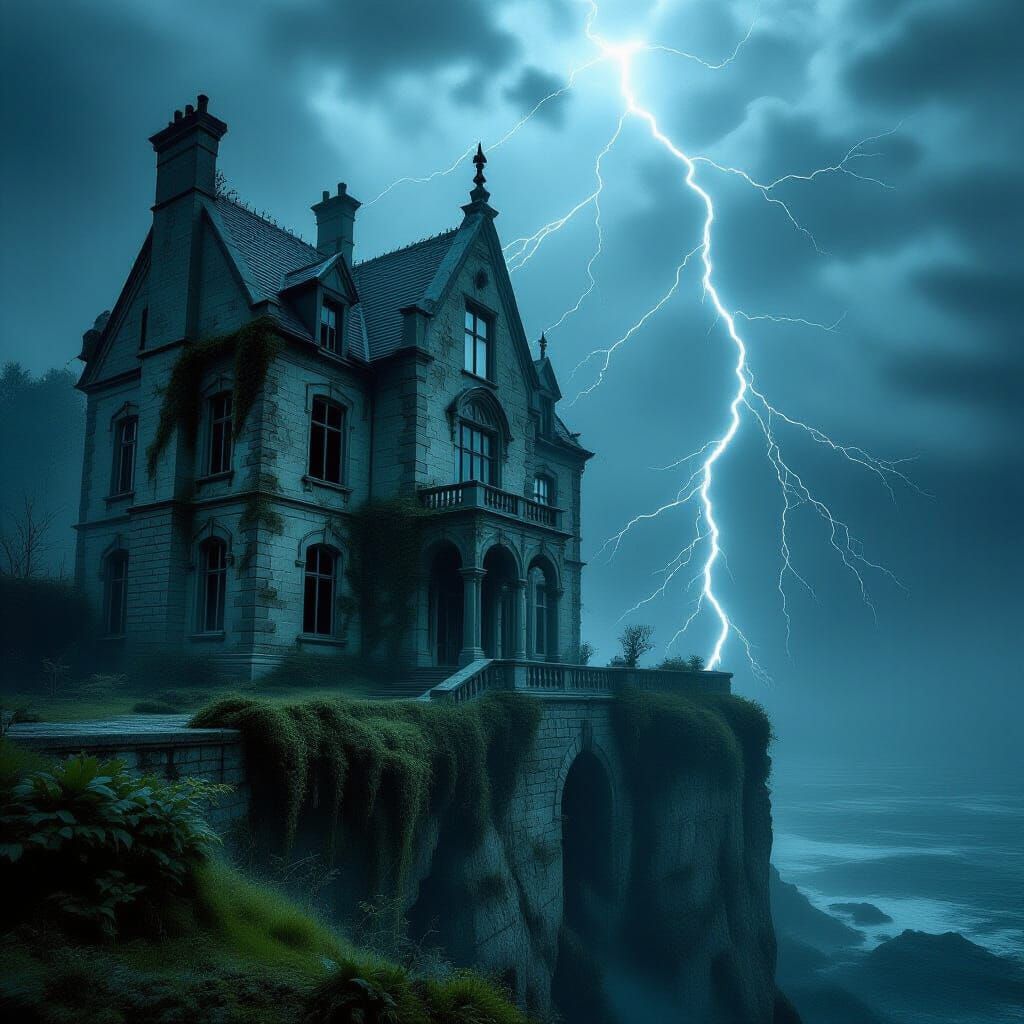 Gothic Mansion on Cliff During Storm