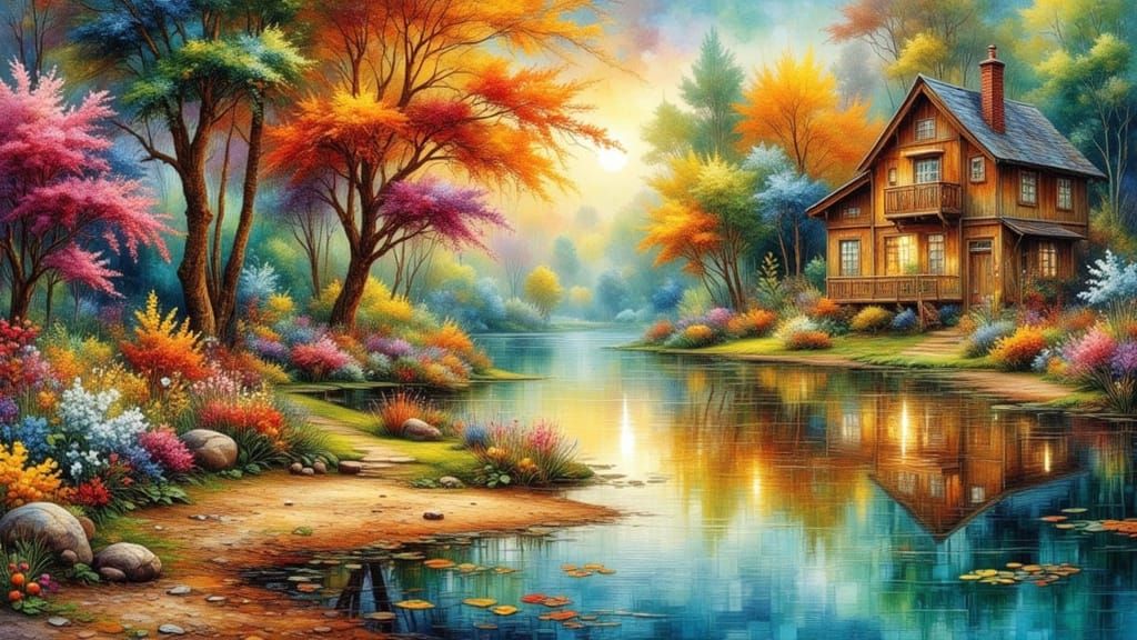 Serene Lakeside Cottage in Impressionist Style