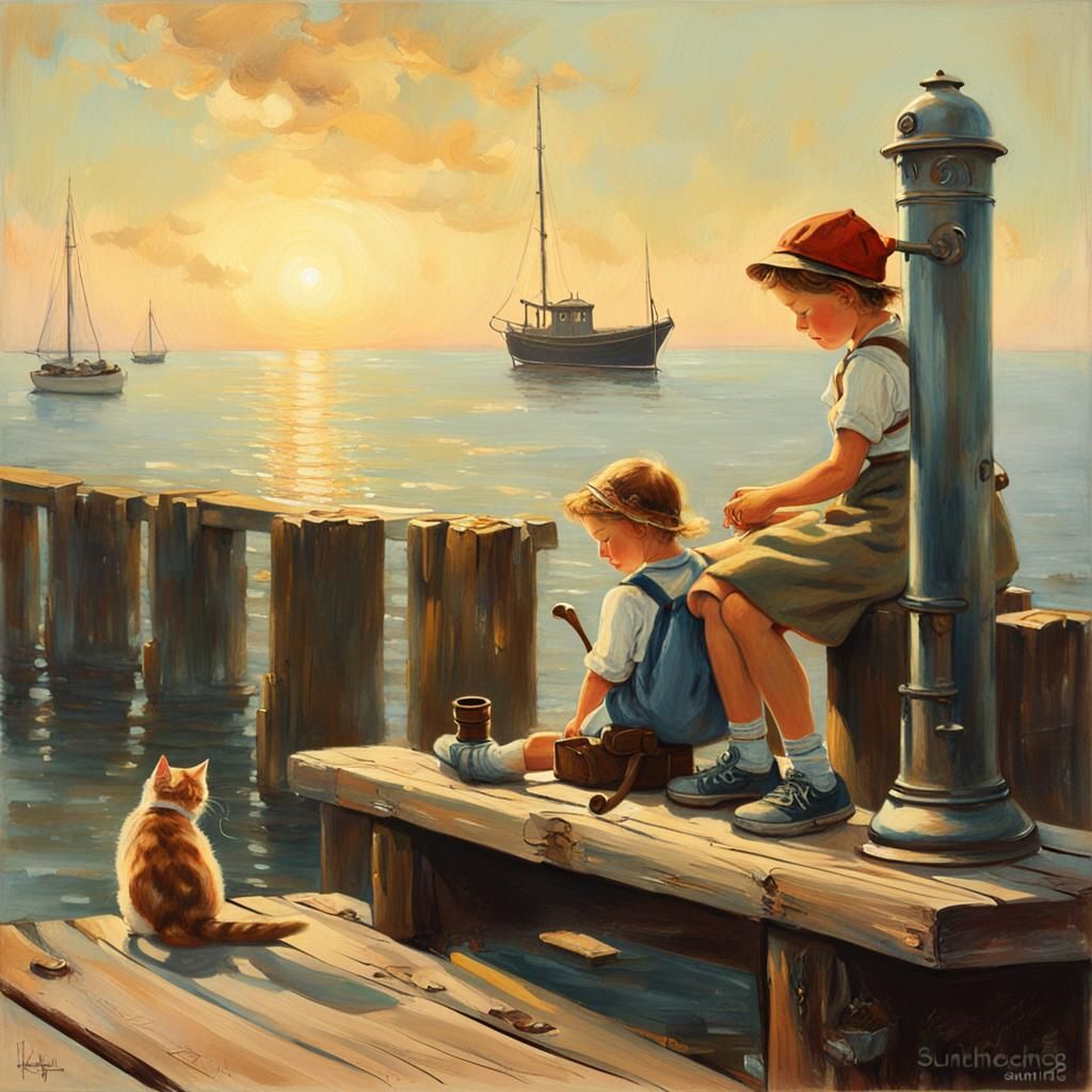 Girl and Kitten on Pier in Rockwell Style