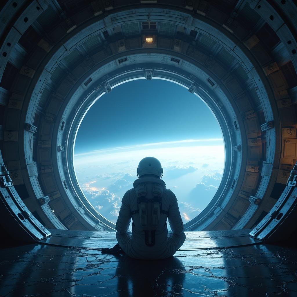 Astronaut Overlooking Earth From Spaceship in Sci-Fi Art