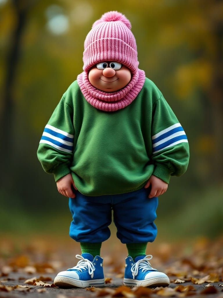 Dumb Donald from the Fat Albert series. Dumb Donald wears a pink knit-cap that covers his entire head.