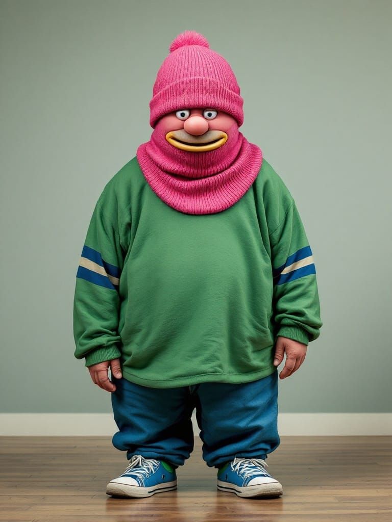 Dumb Donald from the Fat Albert series. Dumb Donald wears a pink knit-cap that covers his entire head.