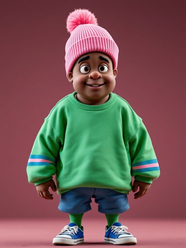 Dumb Donald from the Fat Albert series. Dumb Donald wears a pink knit-cap that covers his entire head.