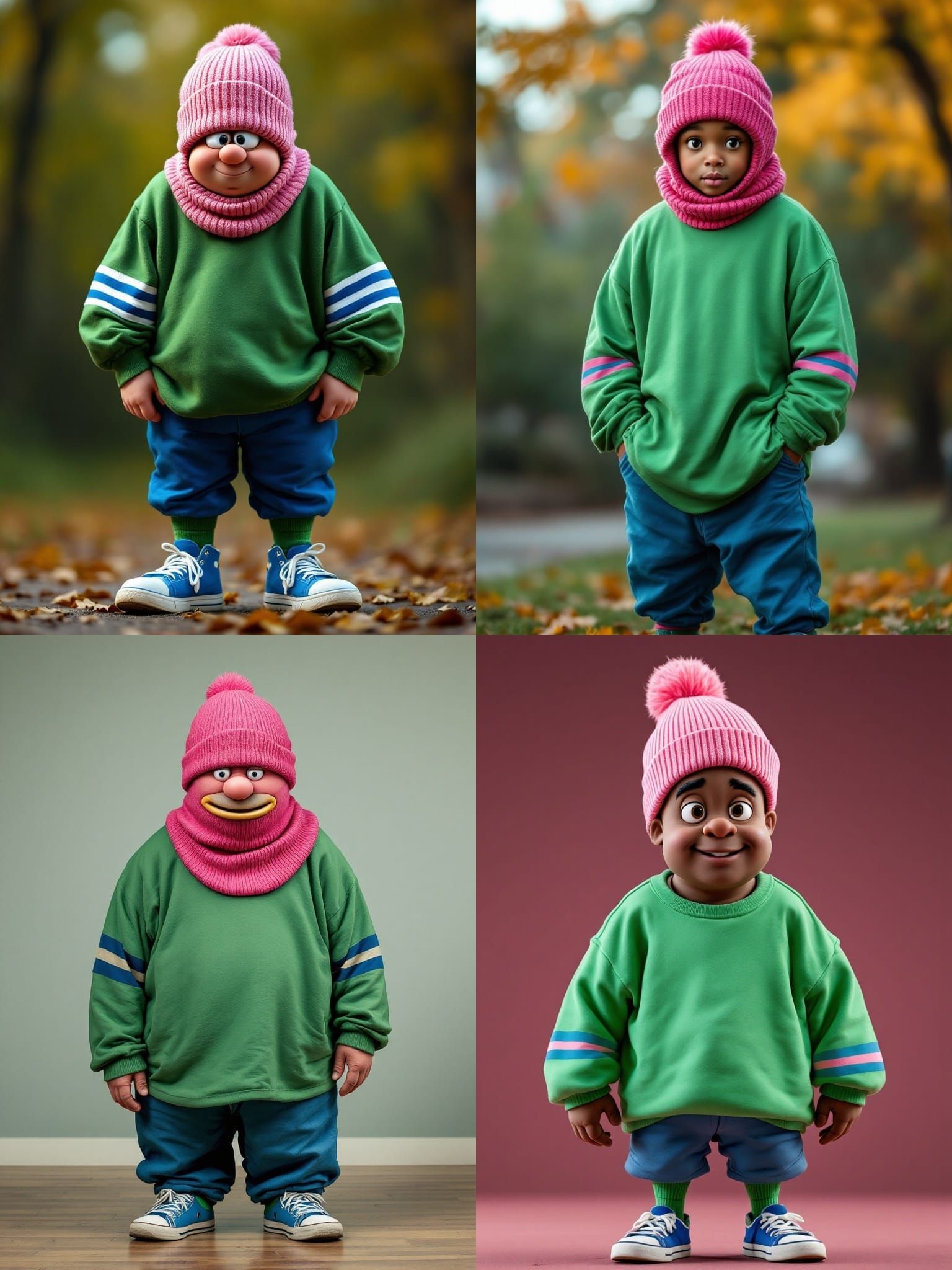 Dumb Donald from the Fat Albert series. Dumb Donald wears a pink knit-cap that covers his entire head.