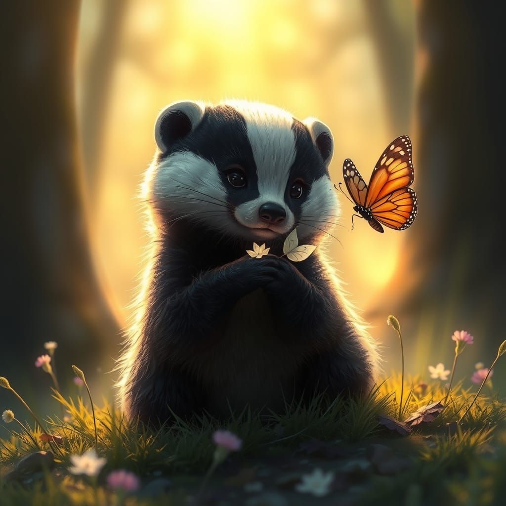 Badger and Butterfly in Enchanted Forest Clearing