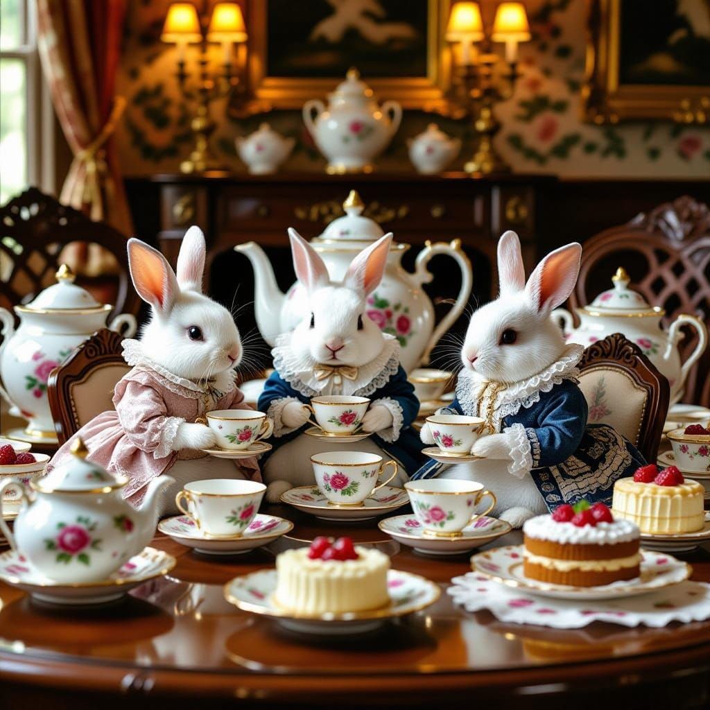 Whimsical Victorian Rabbits Enjoy Tea Party Delights