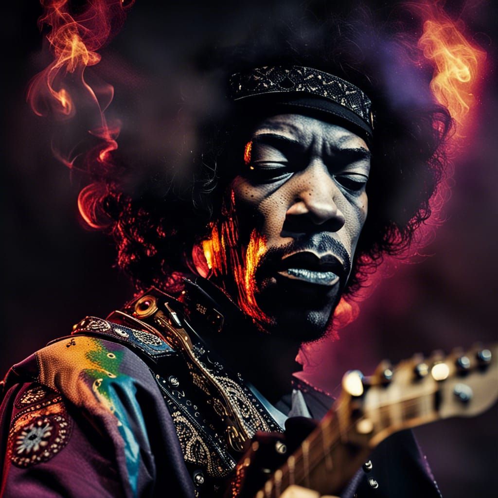 Jimi Hendrix Woodstock Portrait with Burning Guitar