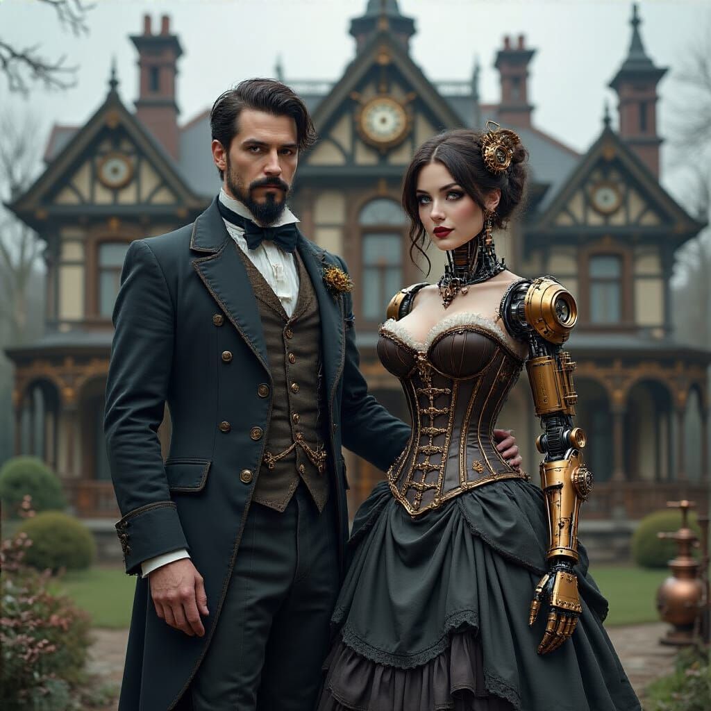Steampunk Gentleman and Cyborg Lady Outside Mansion