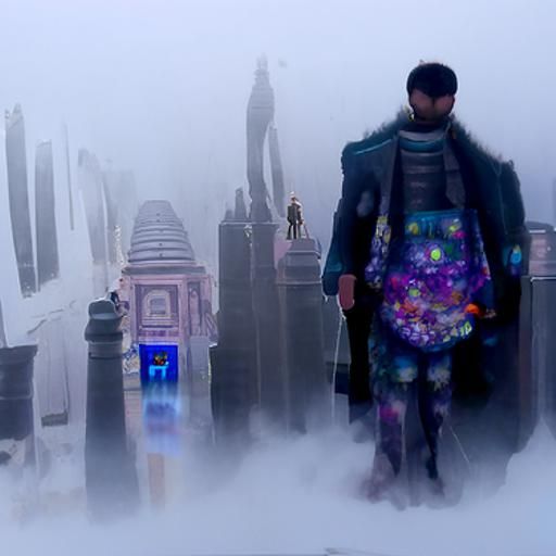 Foggy Street Scene in a Cloud City