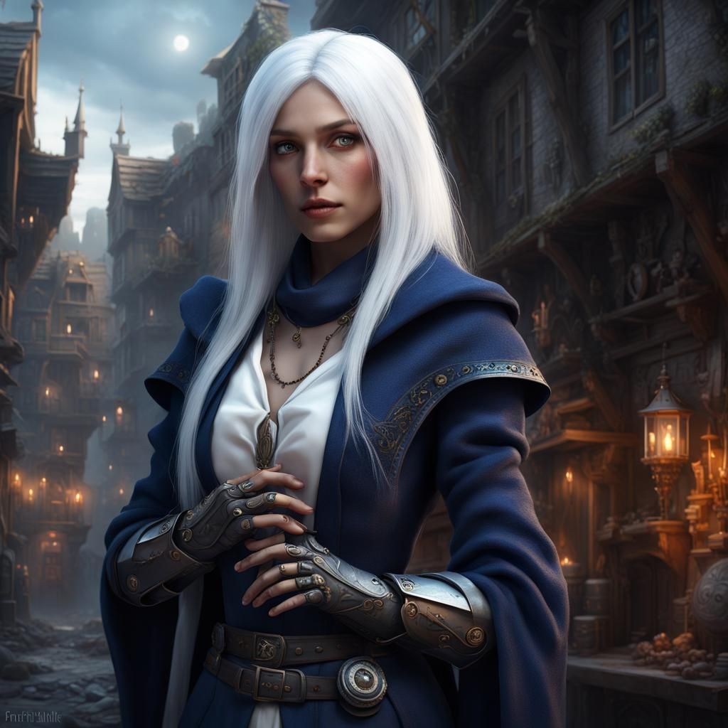 Mysterious Sorceress with Robotic Arm in Medieval Street