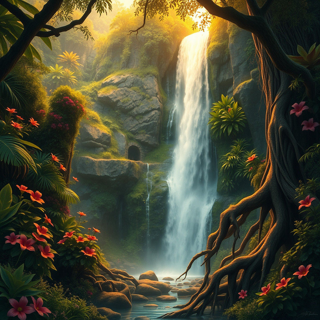 Mystical Jungle Waterfall in Dreamlike Fantasy Art