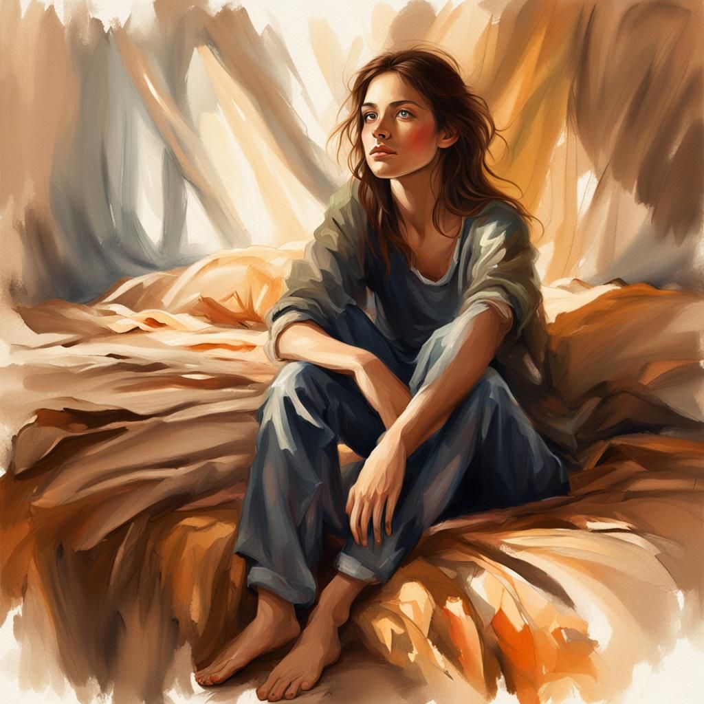 Contemplative Woman on Bed in Soft Lighting