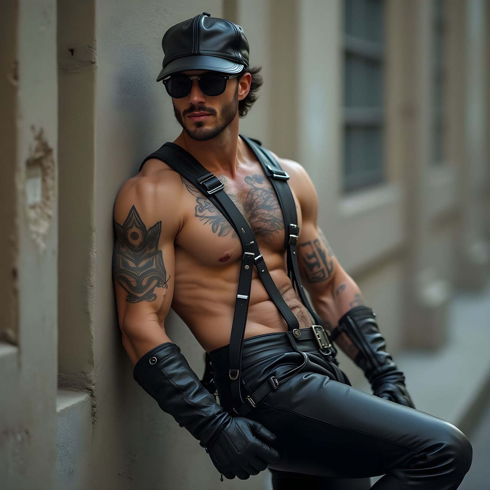 Confident Man in Leather Leans Against Concrete Ledge
