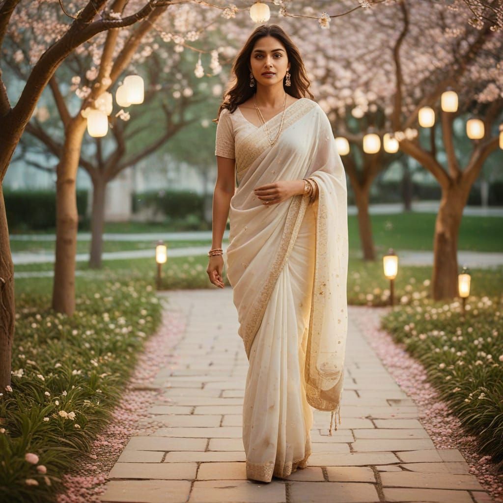 Vintage Indian Woman in Lantern-Lit Garden