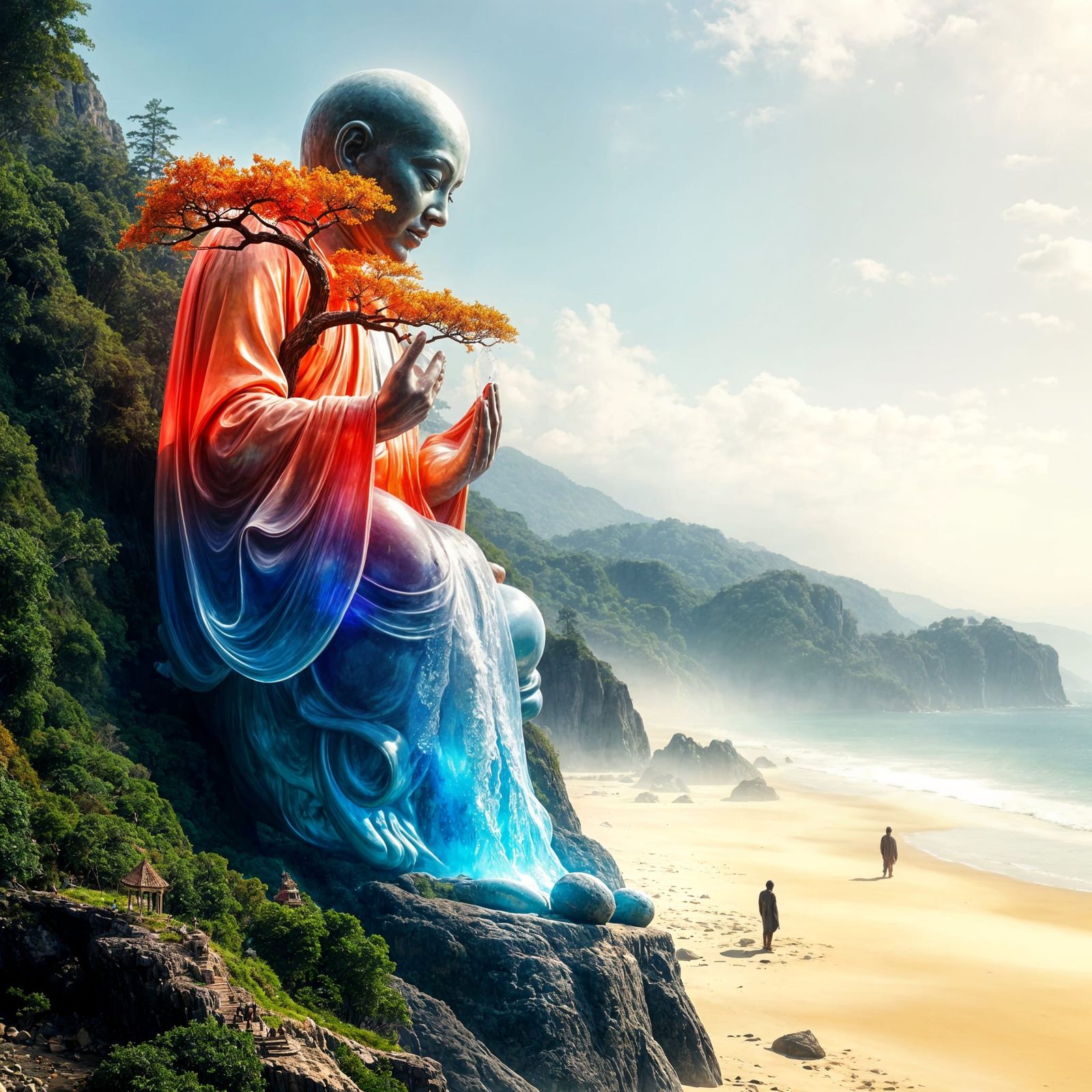 Crystal Glass Monk Statue in Majestic Jungle Oasis