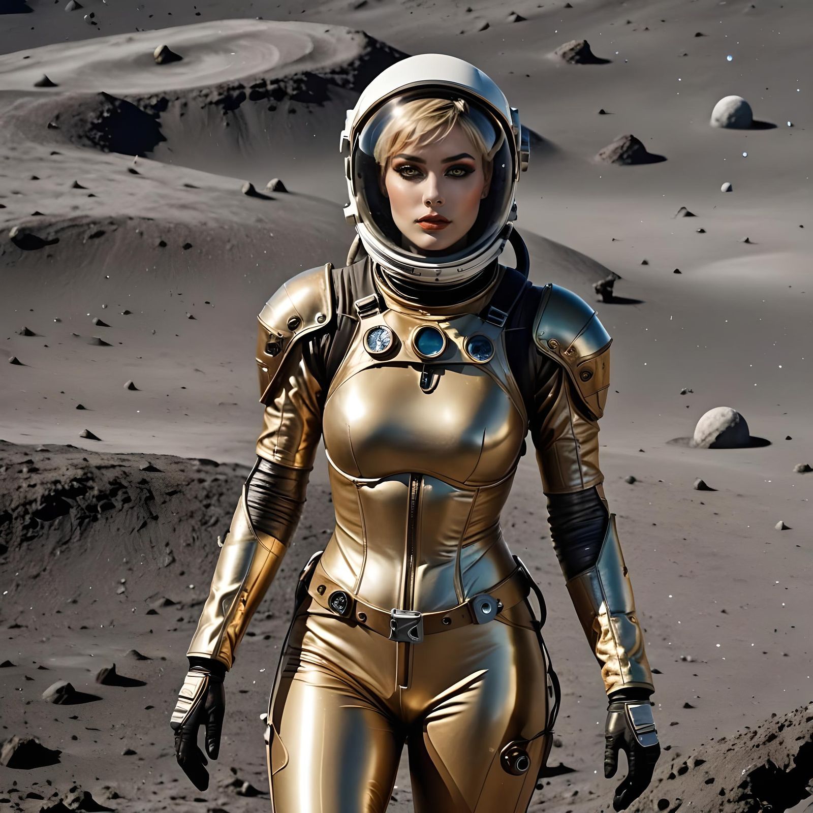 067 A beautiful female astronaut wearing a yellow/golden spa...