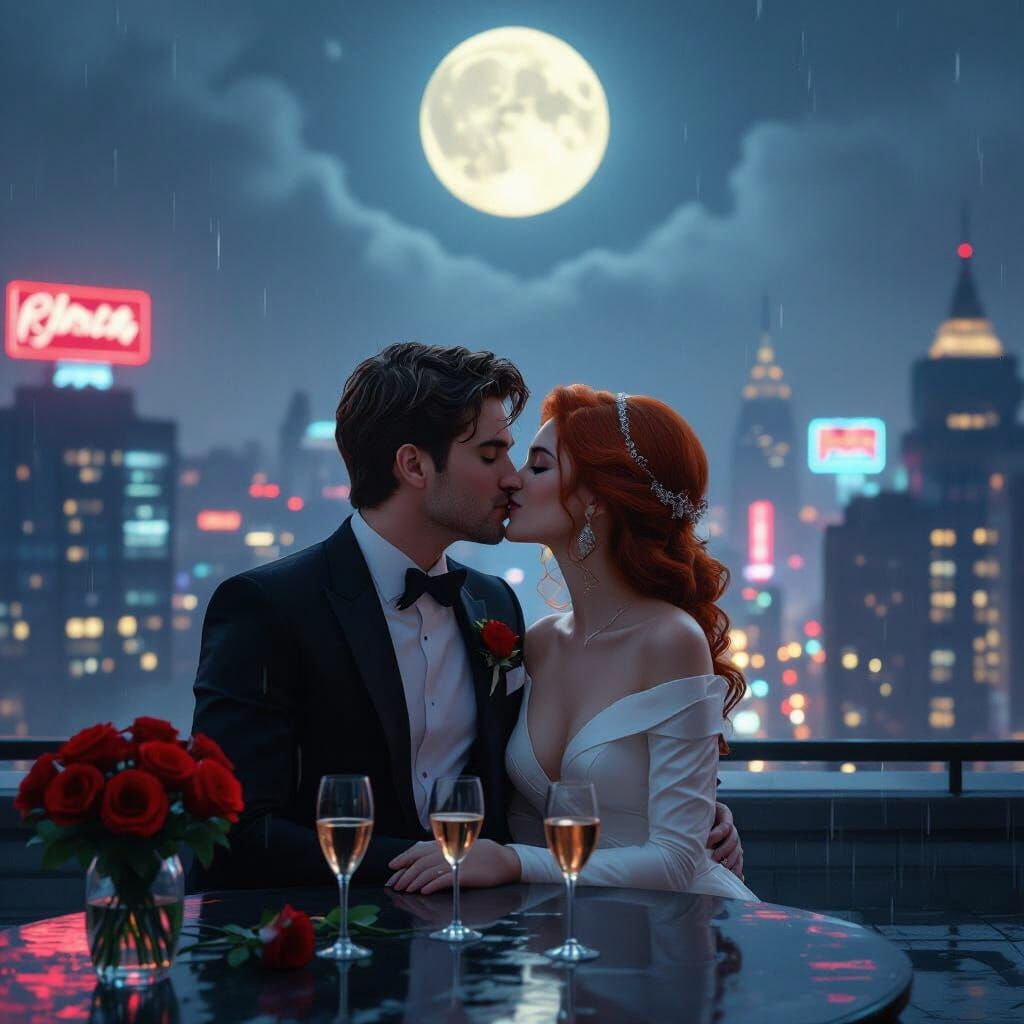 Romantic Couple Kissing on Rooftop Overlooking Neon City