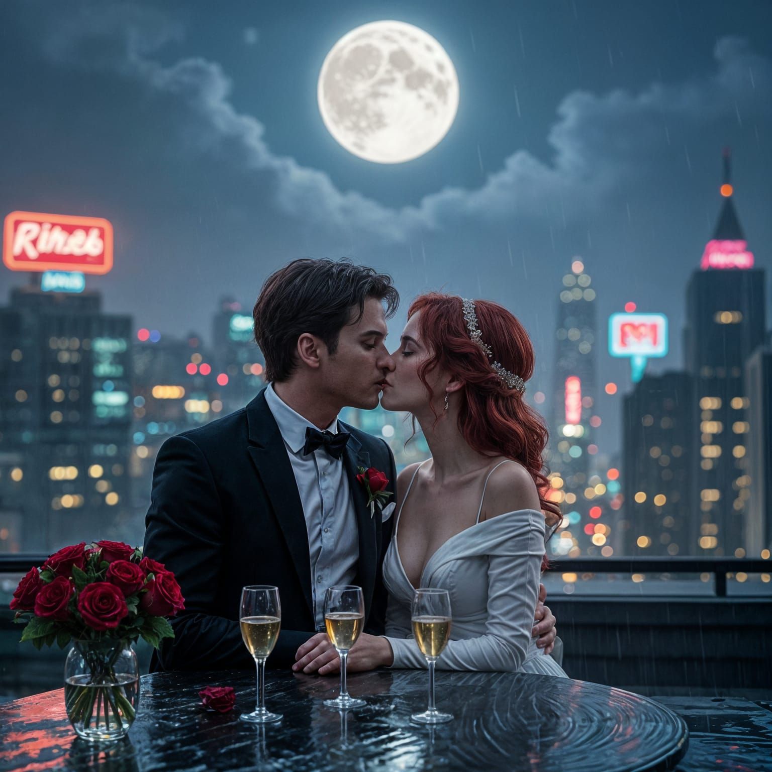 Couple Kissing on Rooftop Under Moonlit City