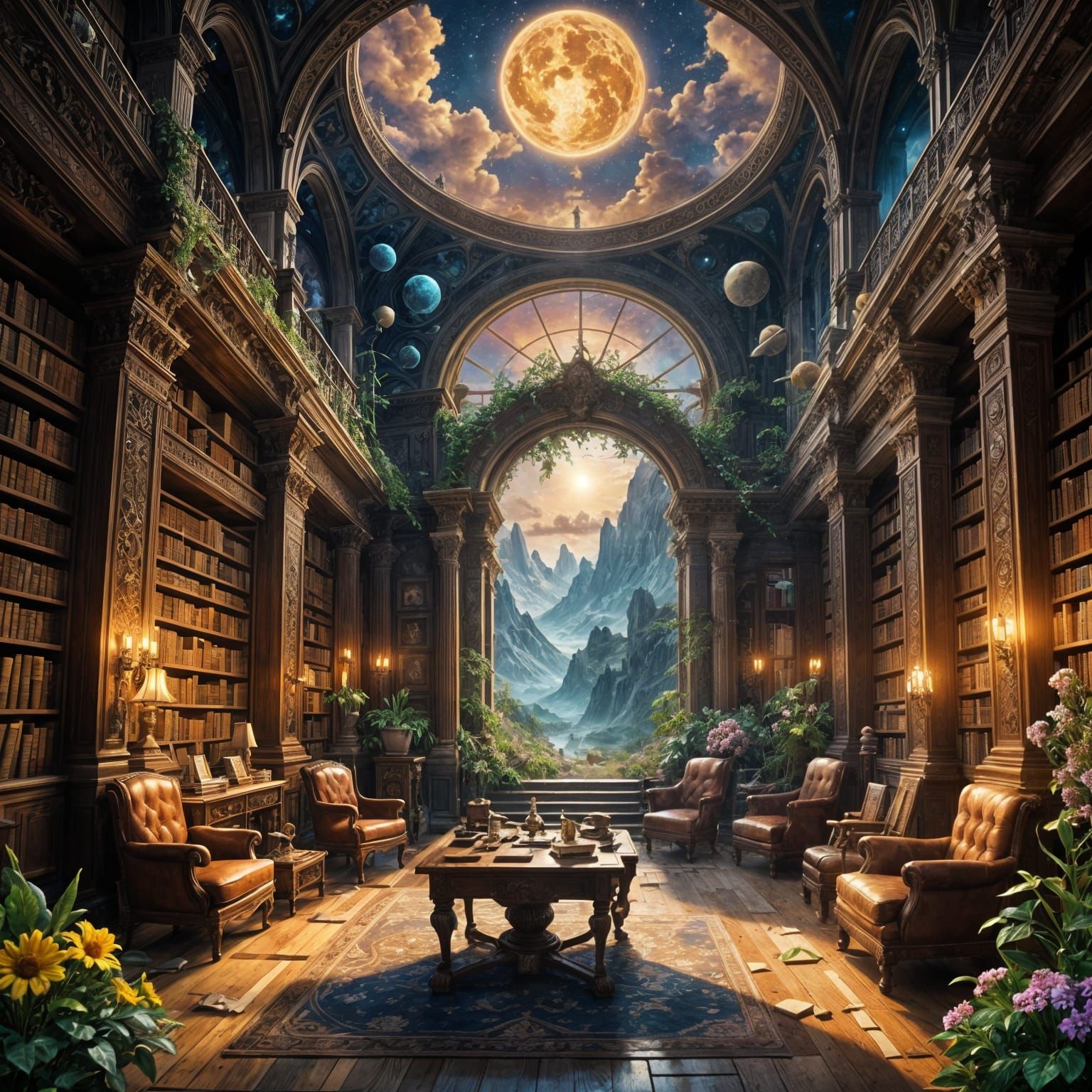 Epic Golden Library in a Mountainous Haven