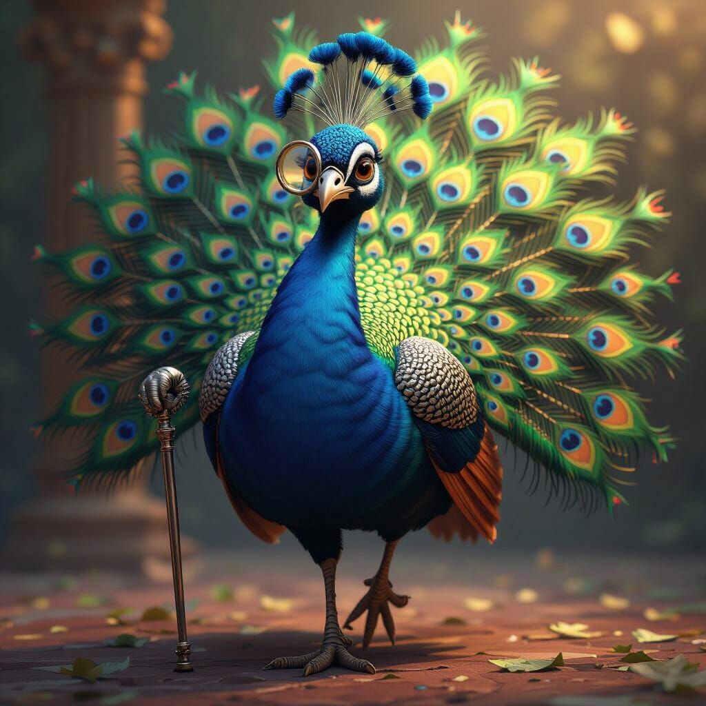 Proud Peacock with Monocle and Cane in Dynamic Lighting