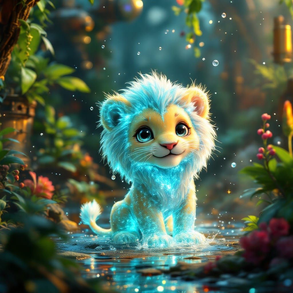 Steampunk Chibi Lion Cub in Industrial Jungle Wonderland