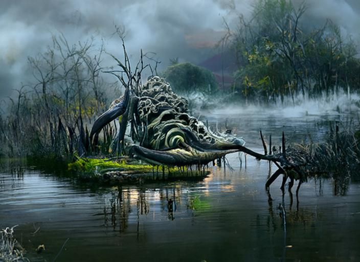 Eldritch Swamp with Will-o'-the-Wisps: 3D Digital Art