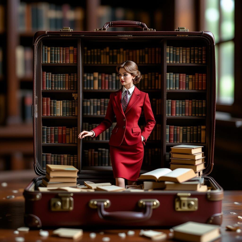 Miniature Businesswoman Explores Abandoned Library in Suitca...