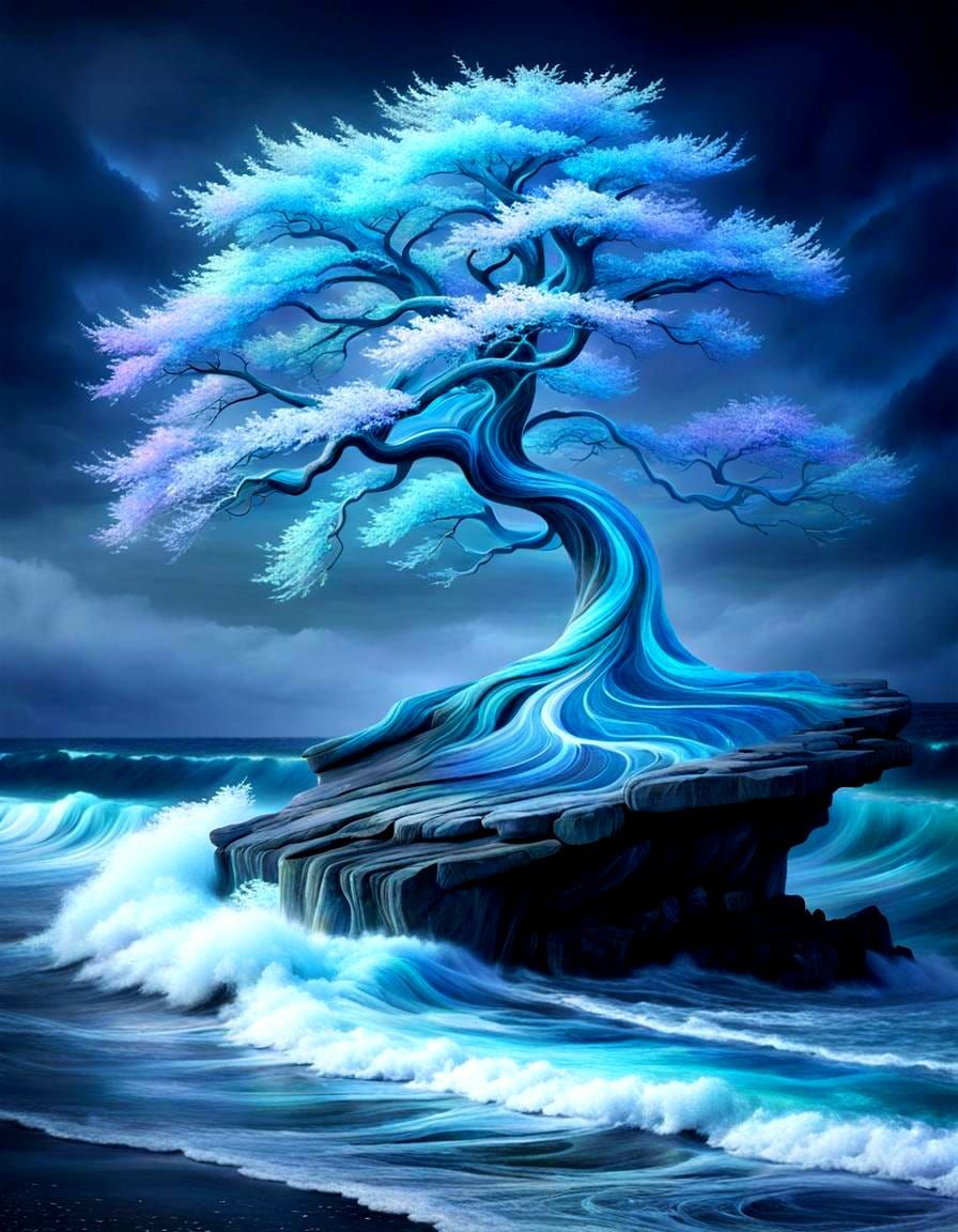 Whimsical Chalk Art Tree Amidst Iridescent Seascapes