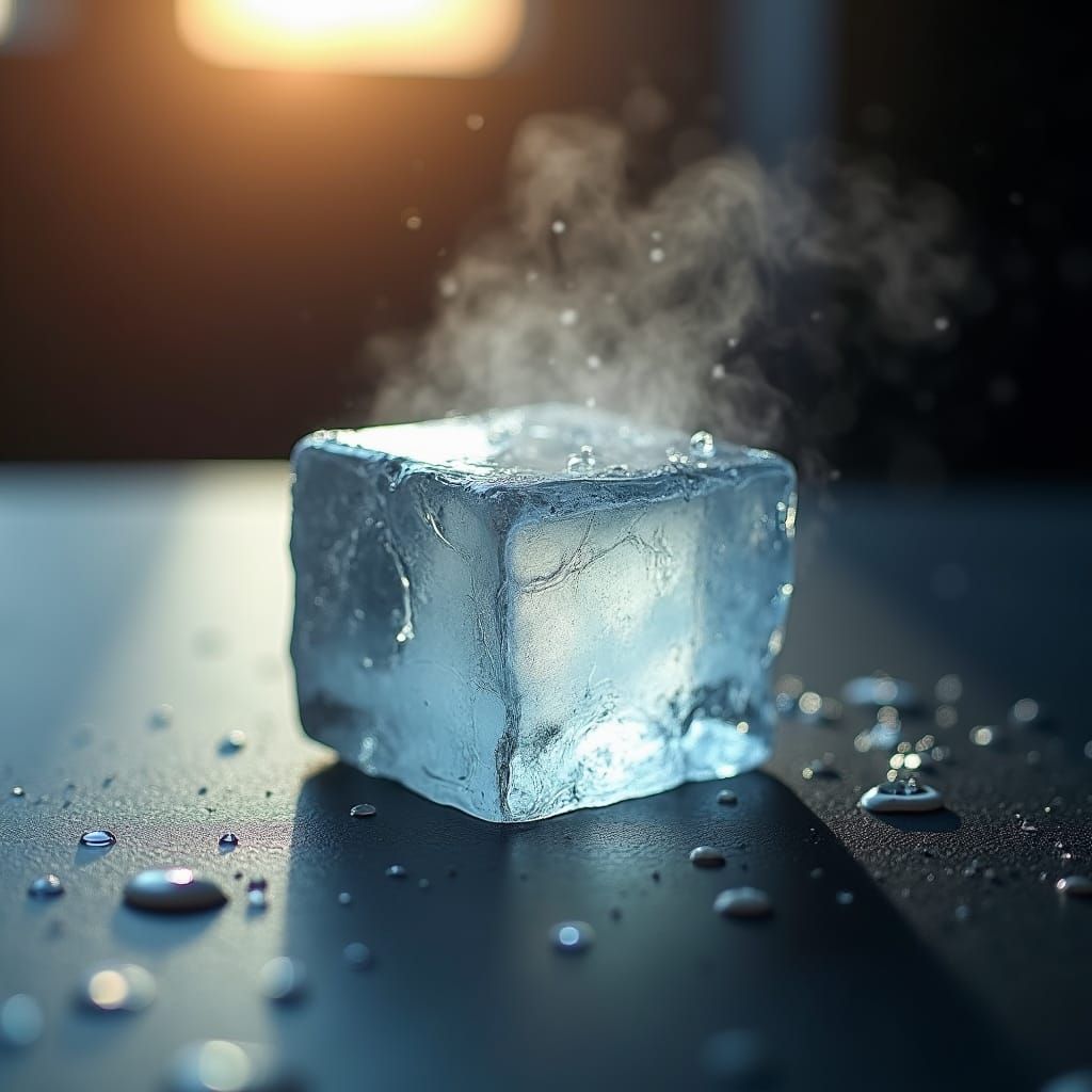 Melting Ice Cube with Steam: Hyper-Realistic Photo