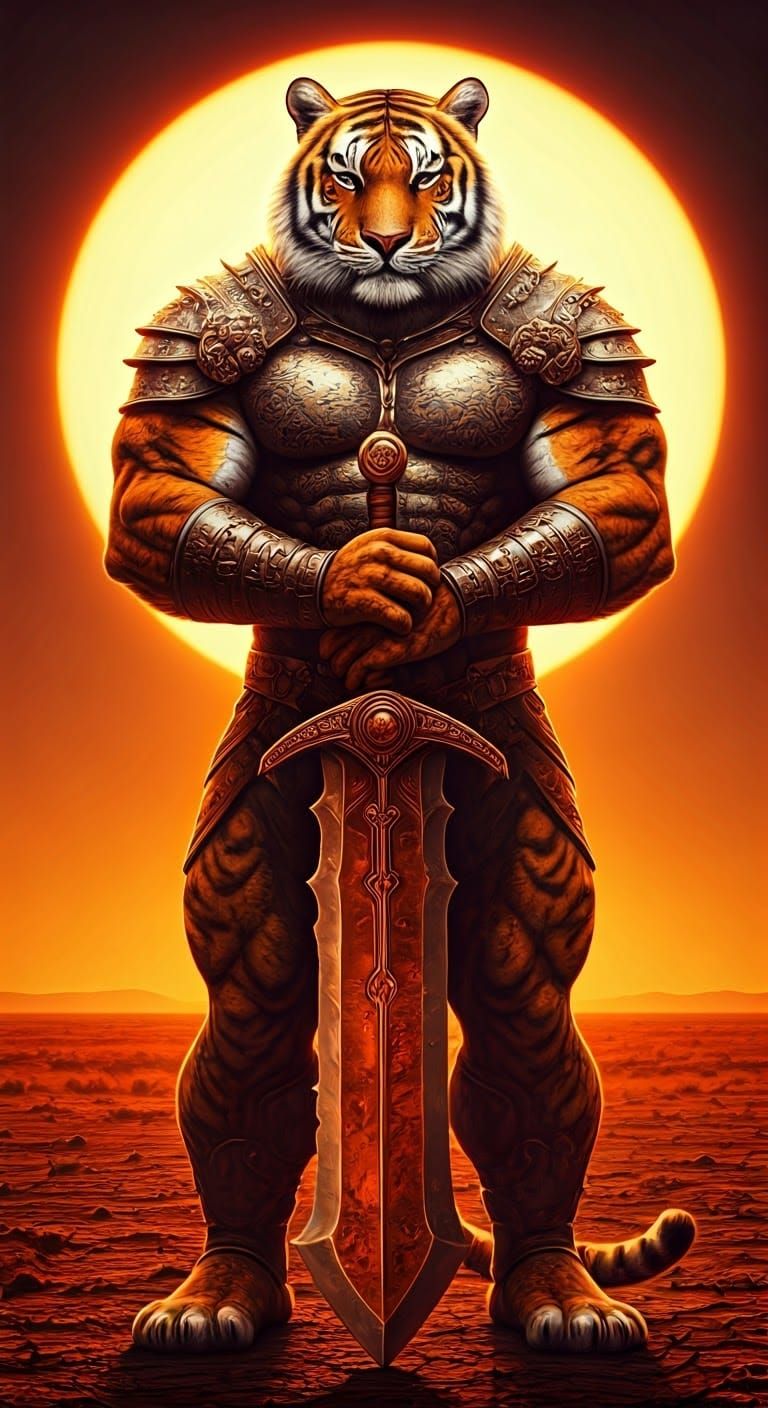 Bipedal Tiger Warrior Posing with Sword in Hyperreal 3D