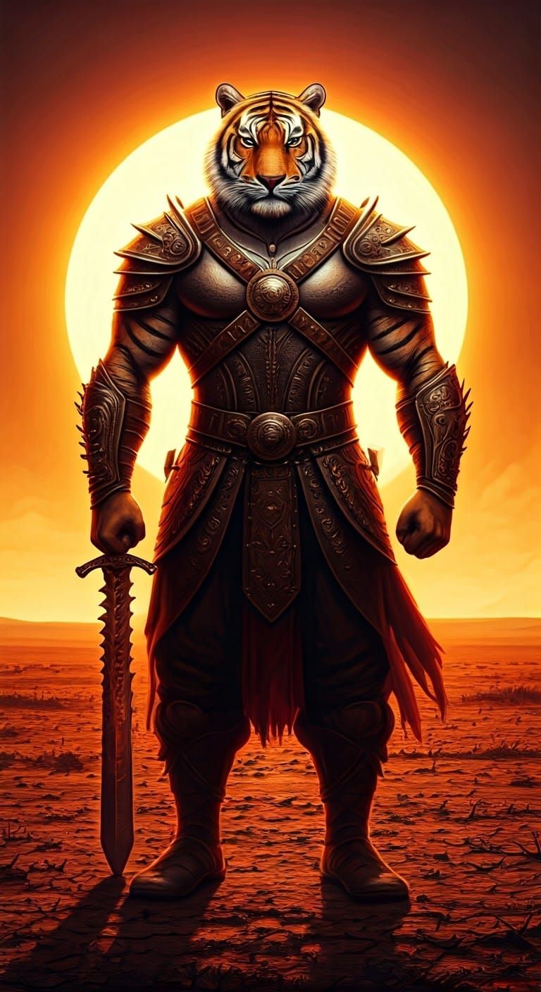 Feline Warrior Posing with Sword on Savanna