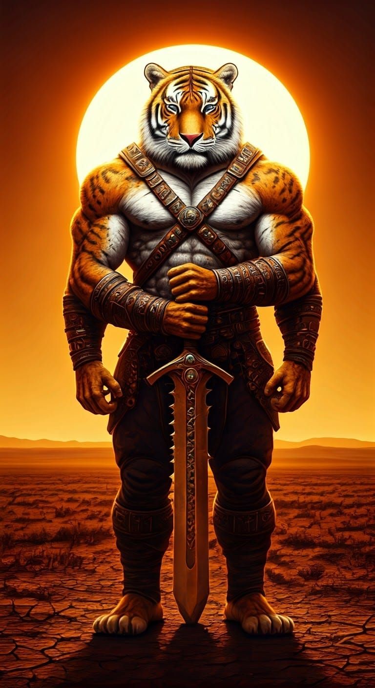 Intelligent Feline Warrior Posing on Savanna, 3D Digital Art