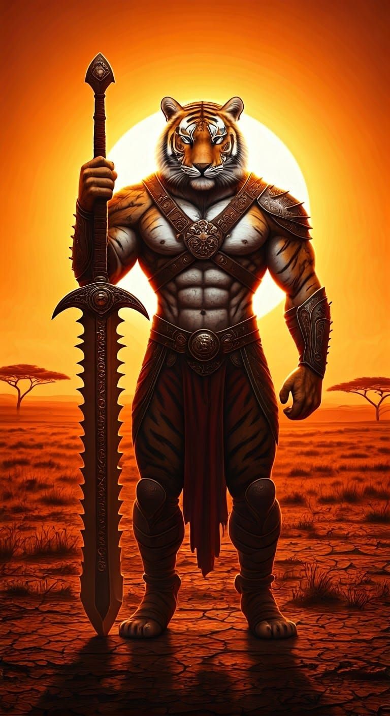 Tiger Swordsman Posing Heroically on Savanna