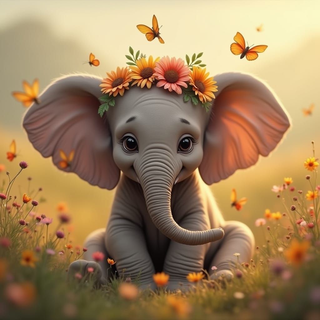 Whimsical Baby Elephant in Vibrant Wildflowers