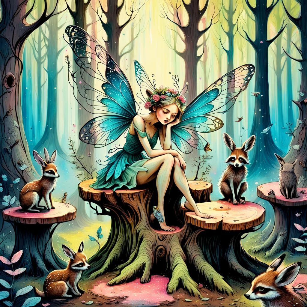 Enchanted Forest Fairy Surrounded by Animals