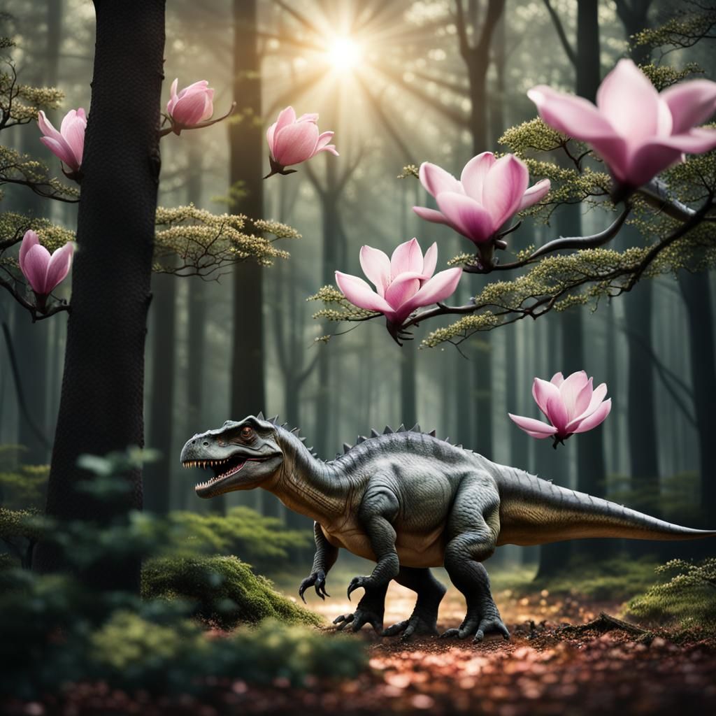 Dinosaurs and Magnolias in Sunlit Forest