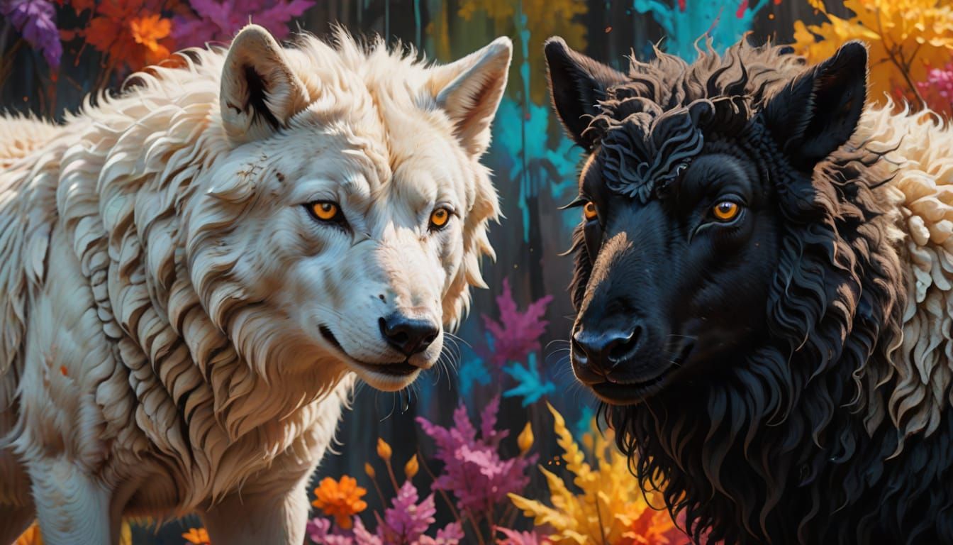 Albino Wolf and Black Sheep in Loving Gaze