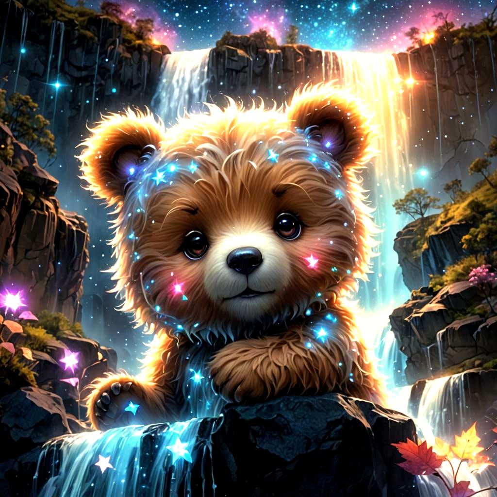 Chibi Bear Constellation at Bioluminescent Waterfall