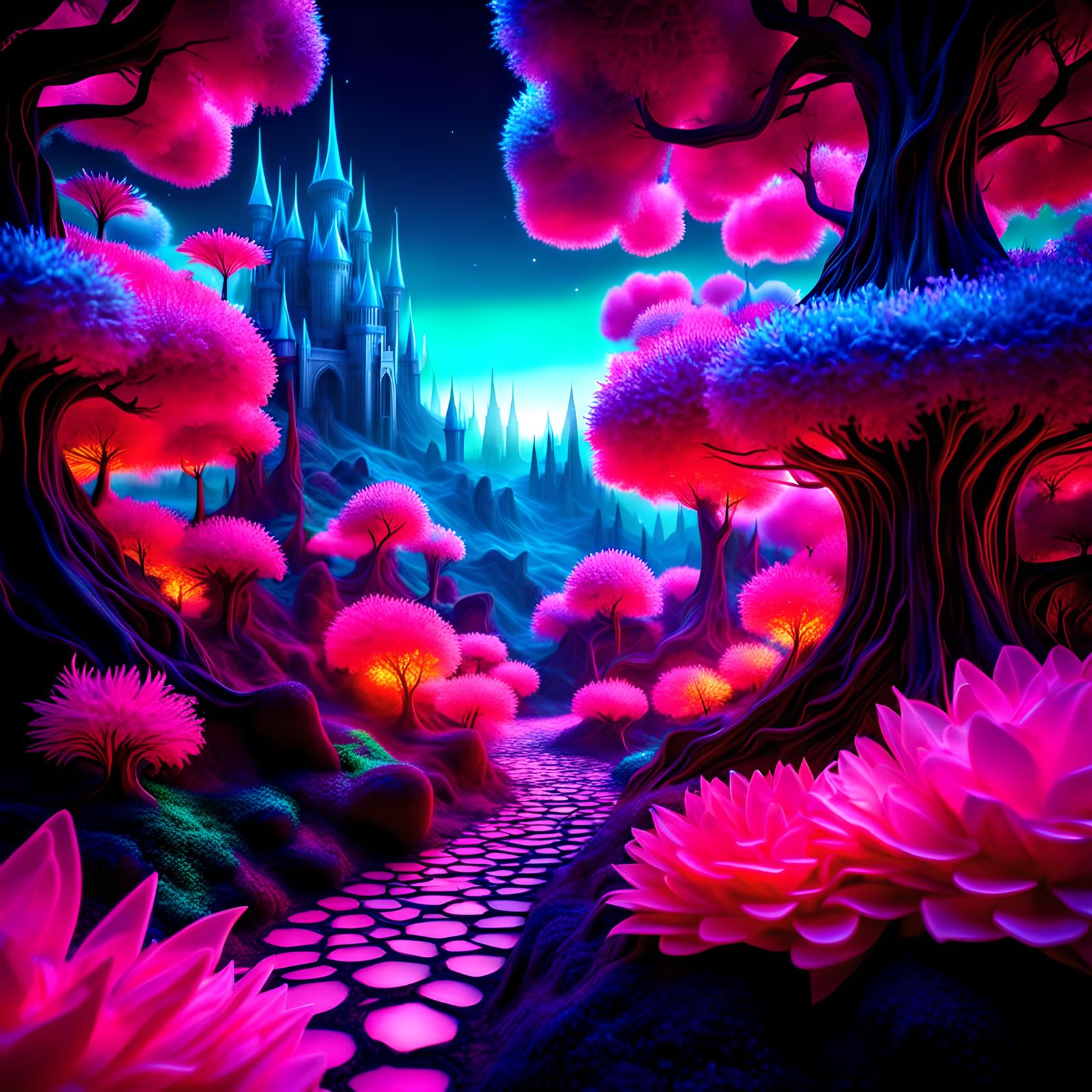 Distant castle, 3D mesh array textured organic material forming a fantasy fairy landscape, neon colors, abstract backgro...