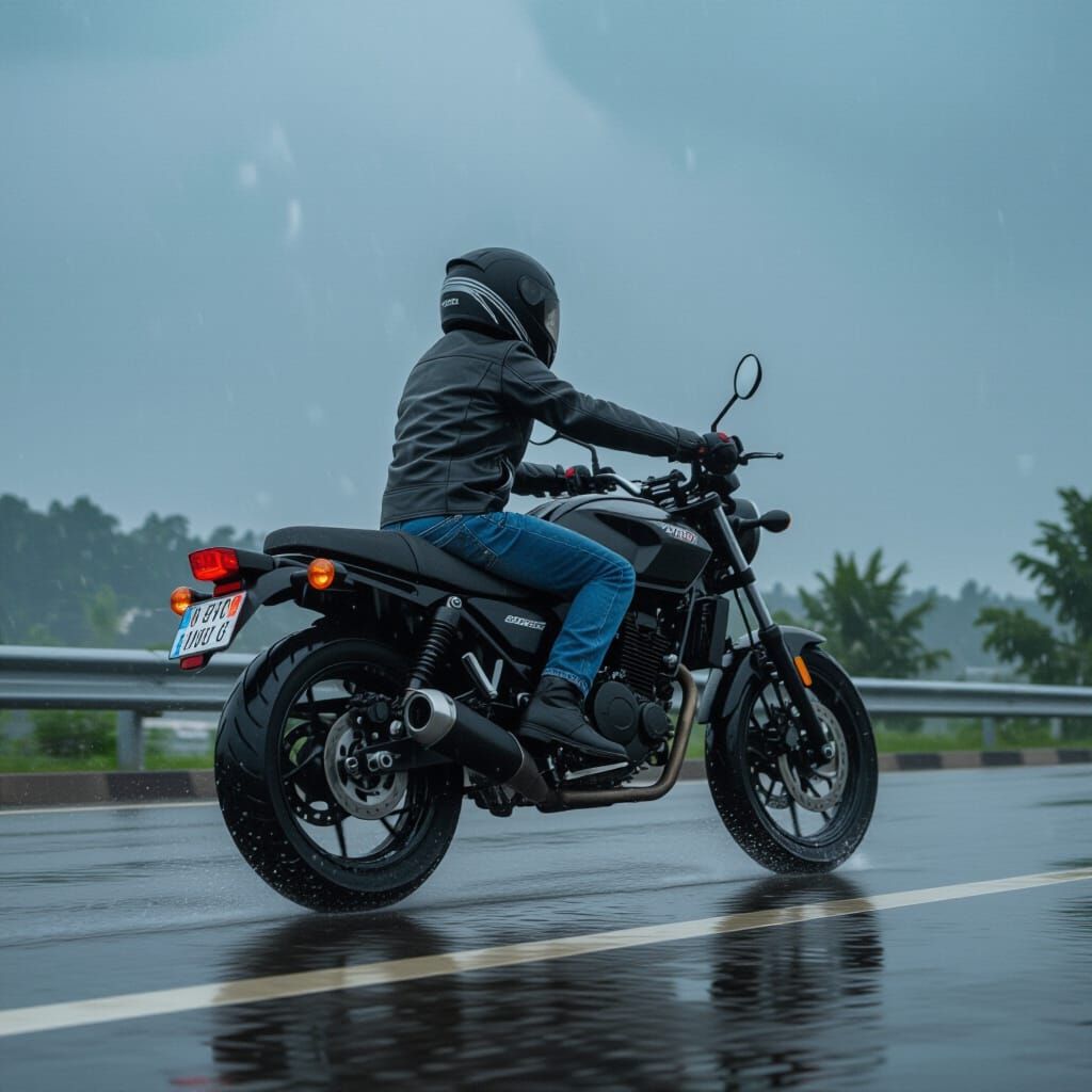 Boy Rides Motorcycle in Cloudy Weather