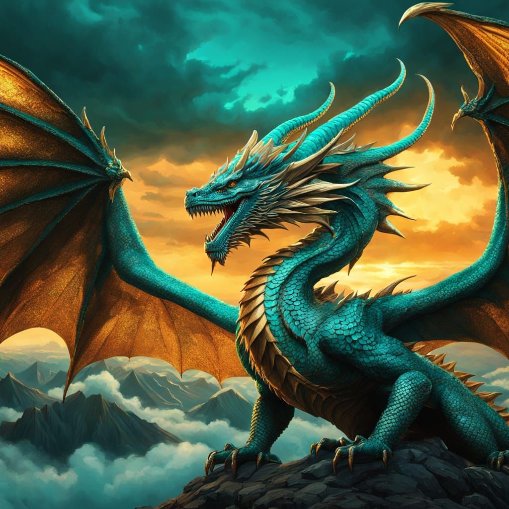 Turquoise Dragon Roaring in Gothic Illustration Style