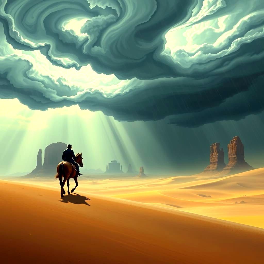 Surreal Desert Horse Ride Under a Dreamlike Sky