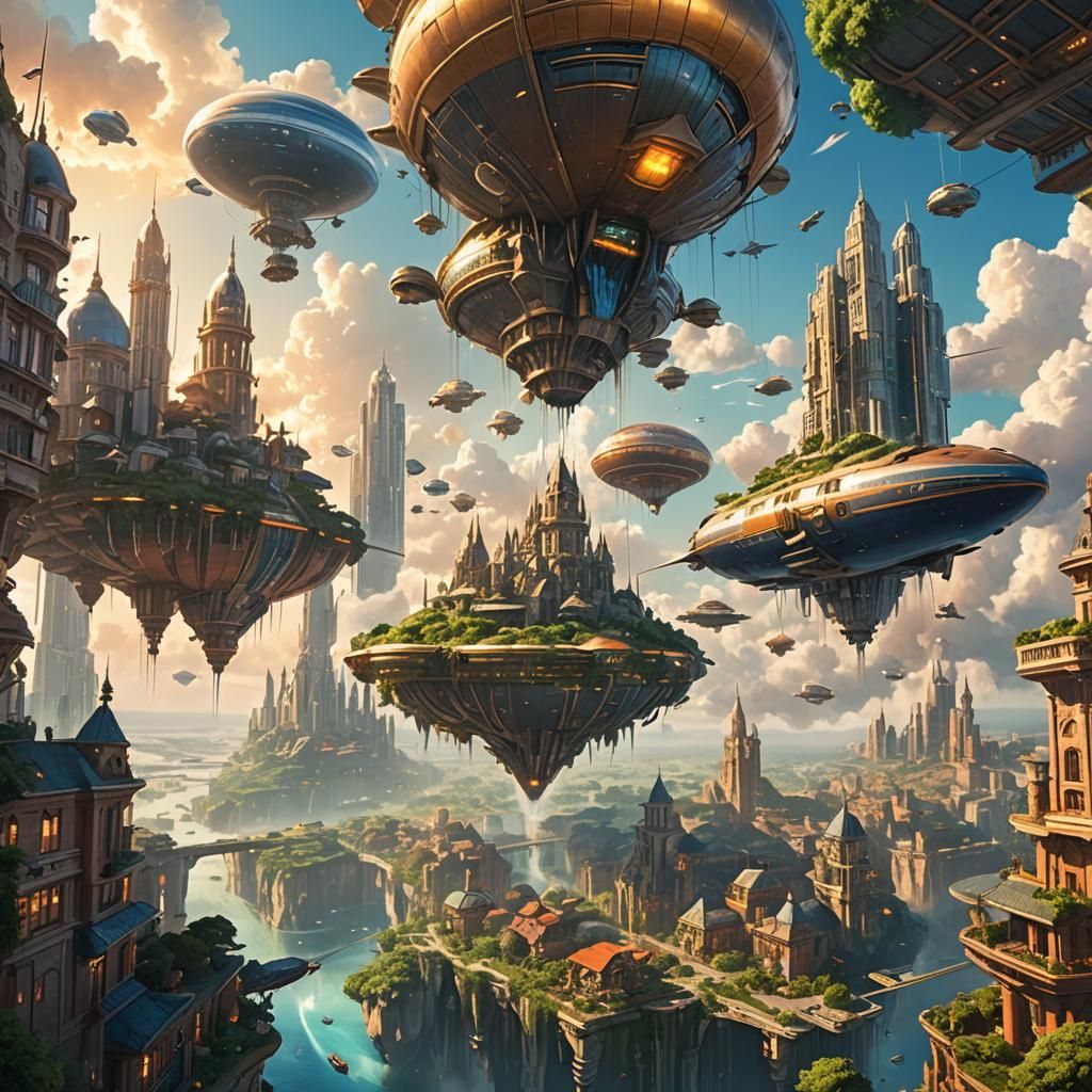 Majestic Flying City with Airships in Vaporwave Style