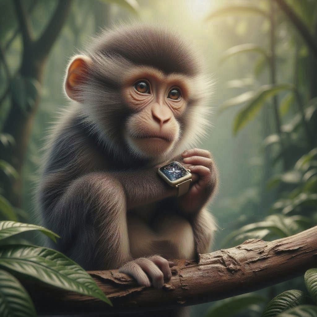 Fluffy Baby Monkey with Smartwatch in Jungle