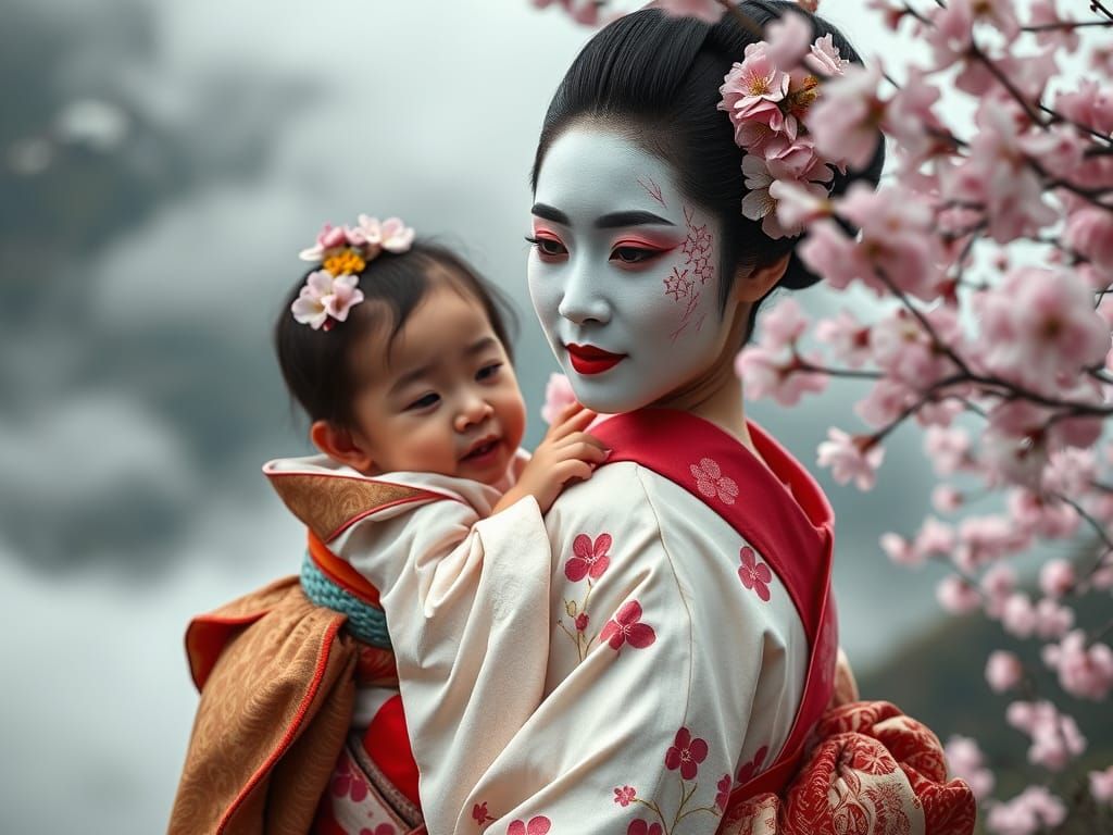 Japanese Geisha Mother in Misty Cherry Blossom Landscape