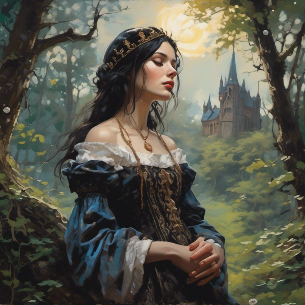 Brunette in Medieval Dress in Magical Forest