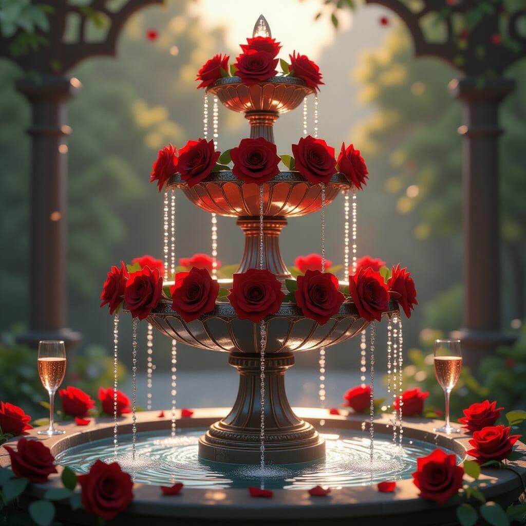 Champagne Fountain with Roses in Anime 3D Style