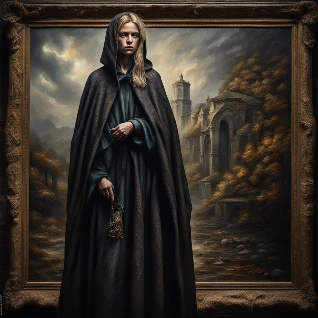 Cloaked Blind Woman Portrait as Oil Painting