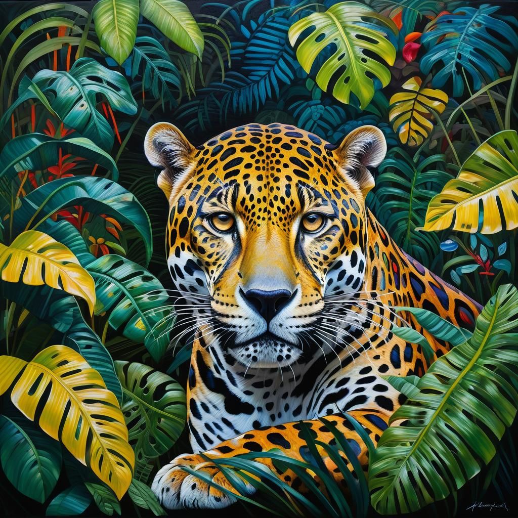 Jaguar Hidden in Rainforest: Acrylic and Oil Portrait